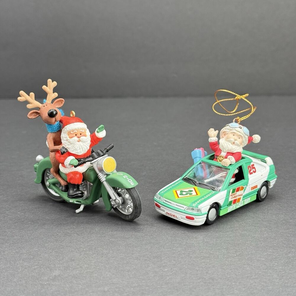 Hallmark VTG Keepsake Ornament Santa’s Joy Ride & Santa Race Car Ornament Lot